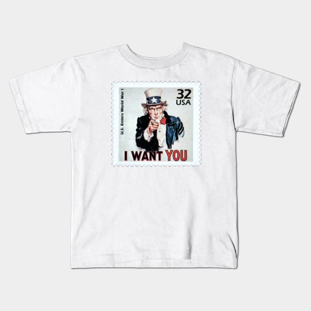 Uncle Sam "I Want You" Postage Stamp Kids T-Shirt by VintCam